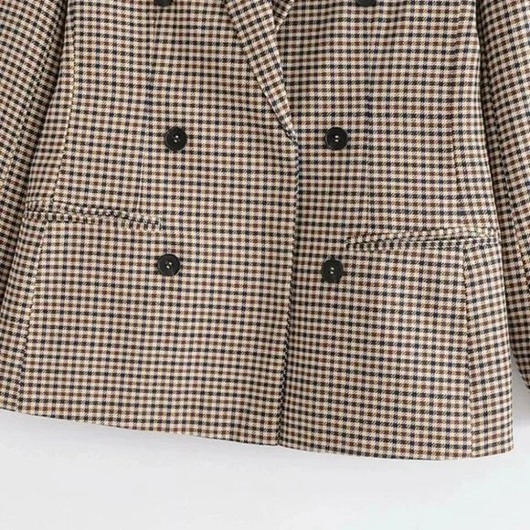 Plaid Print Double Breasted Lapel Collar Blazer work professional Business Chic - Picture 13 of 16